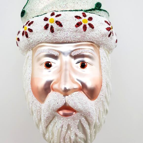 Glass Santa Ornament White w/Green Vine Red Yellow Flowers Winter - Picture 3 of 16